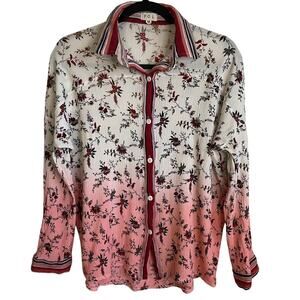 POL Ombre Floral Button Up Blouse Sz M Pink Red Cream Boho Gauze Top Casual